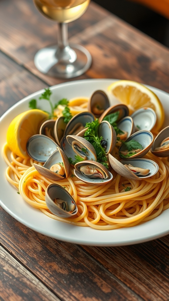 A plate of spaghetti with clams, garnished with parsley and lemon, on a rustic table.